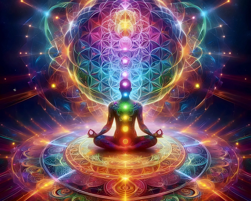 A man sits in the center of cosmic swirling purple and gold colors, the 7 colors of the chakras are shown over his body.