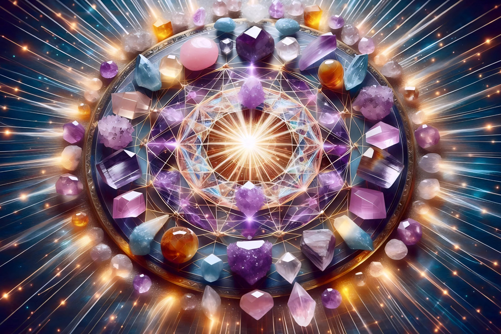 A crystal energy grid showing colorful gemstones displayed in a circular pattern with light streaming out from the center.