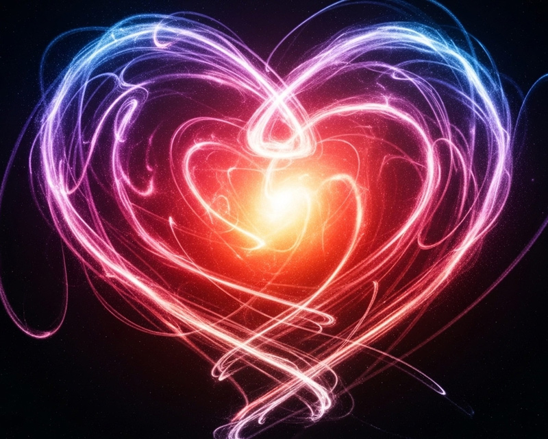 Glowing neon heart in blue, purple, pink, with a glowing yellow center.