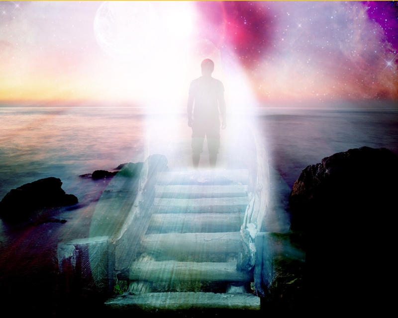 Silhouette of a man walking up a white floating staircase into heaven.