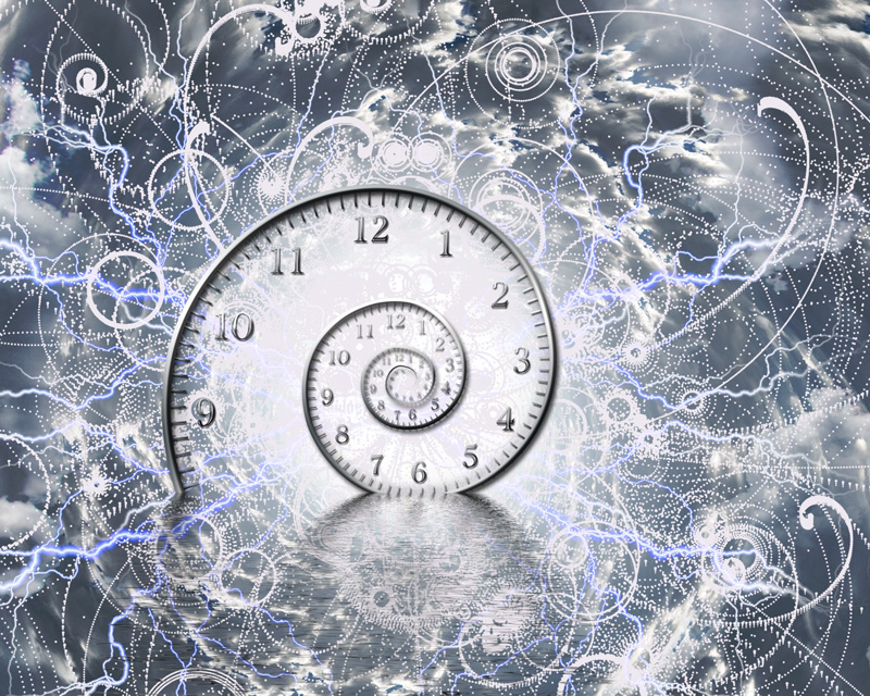 A clock is in the middle of an illustrated image with swirling white lines repeated over a cloudy dark blue sky.